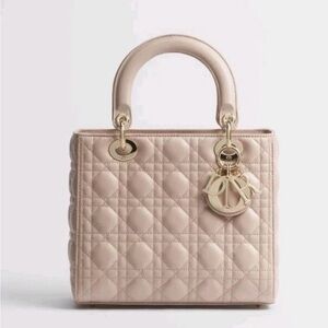 🌸100% Authentic Dior Lady Dior Medium Beige-Lambskin Top Handle Crossbody Bag 🌸